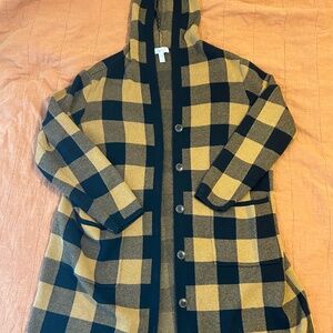 Tan and black hooded flannel